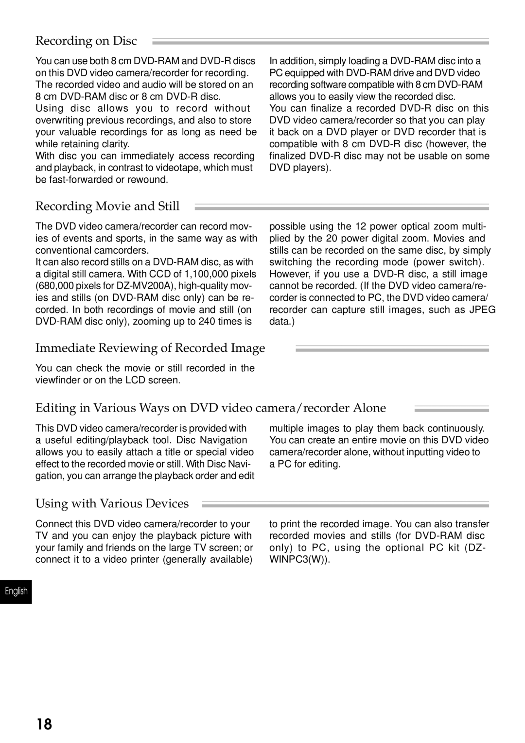 Hitachi DZMV230A, DZMV200A Recording on Disc, Recording Movie and Still, Immediate Reviewing of Recorded Image 