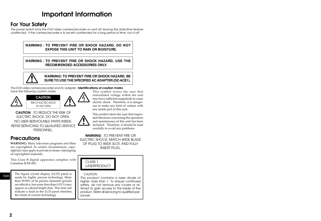 Hitachi DZMV230A, DZMV200A instruction manual For Your Safety, Precautions, Identifications of caution marks 