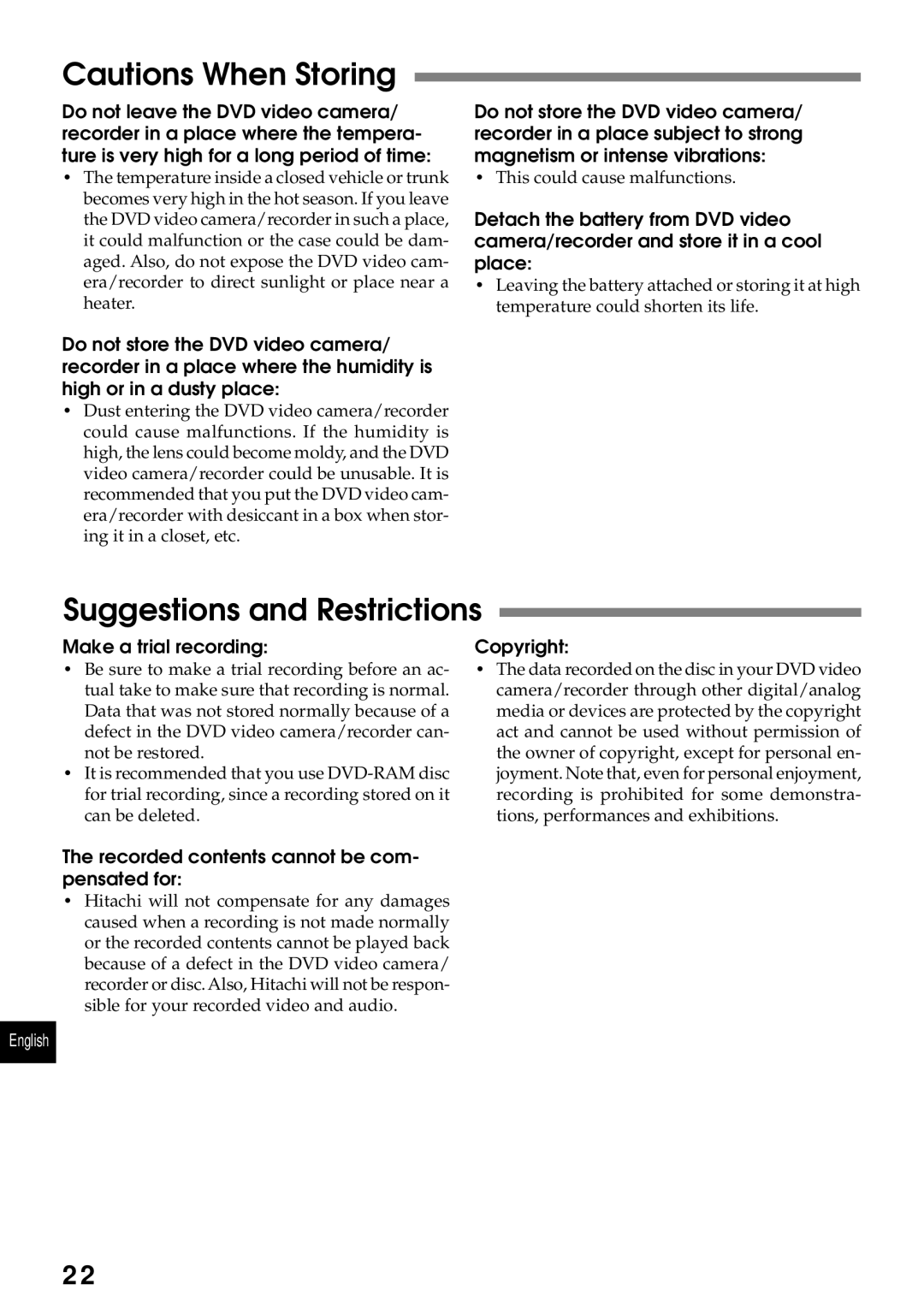 Hitachi DZMV230A, DZMV200A instruction manual Suggestions and Restrictions, Make a trial recording, Copyright 