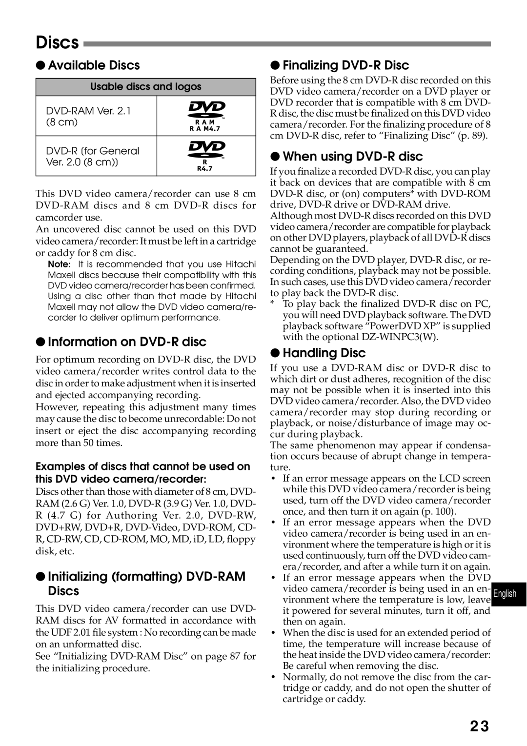 Hitachi DZMV200A, DZMV230A instruction manual Discs 