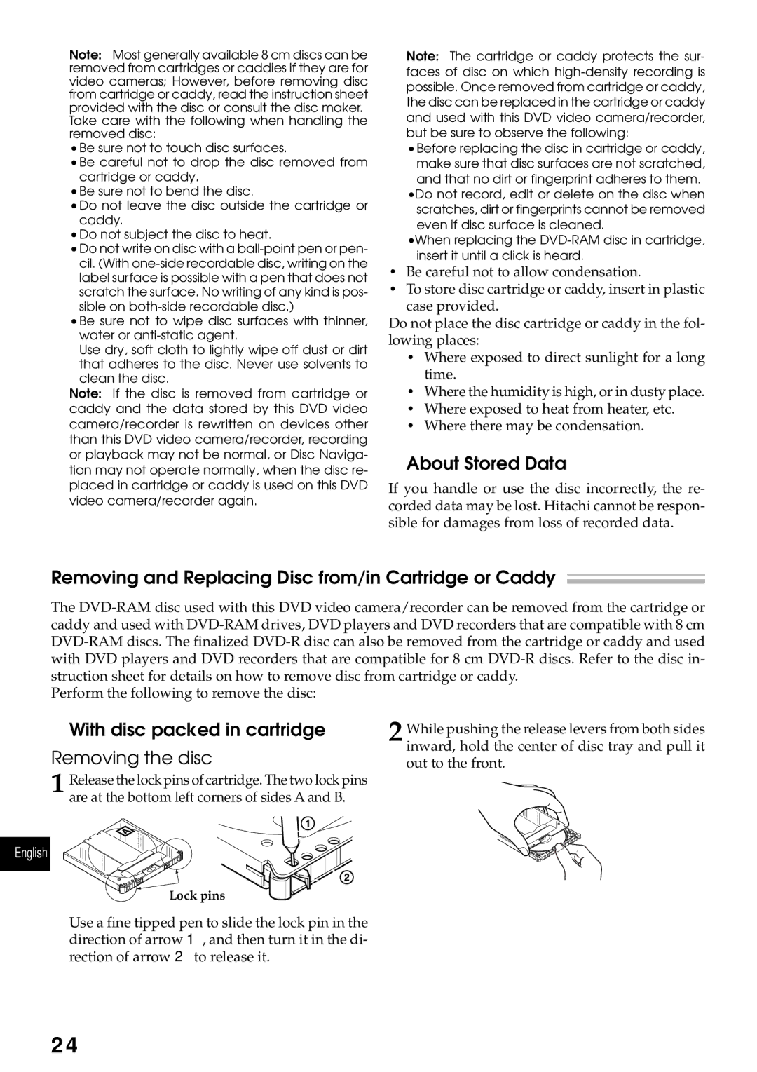 Hitachi DZMV230A, DZMV200A instruction manual About Stored Data, Removing and Replacing Disc from/in Cartridge or Caddy 