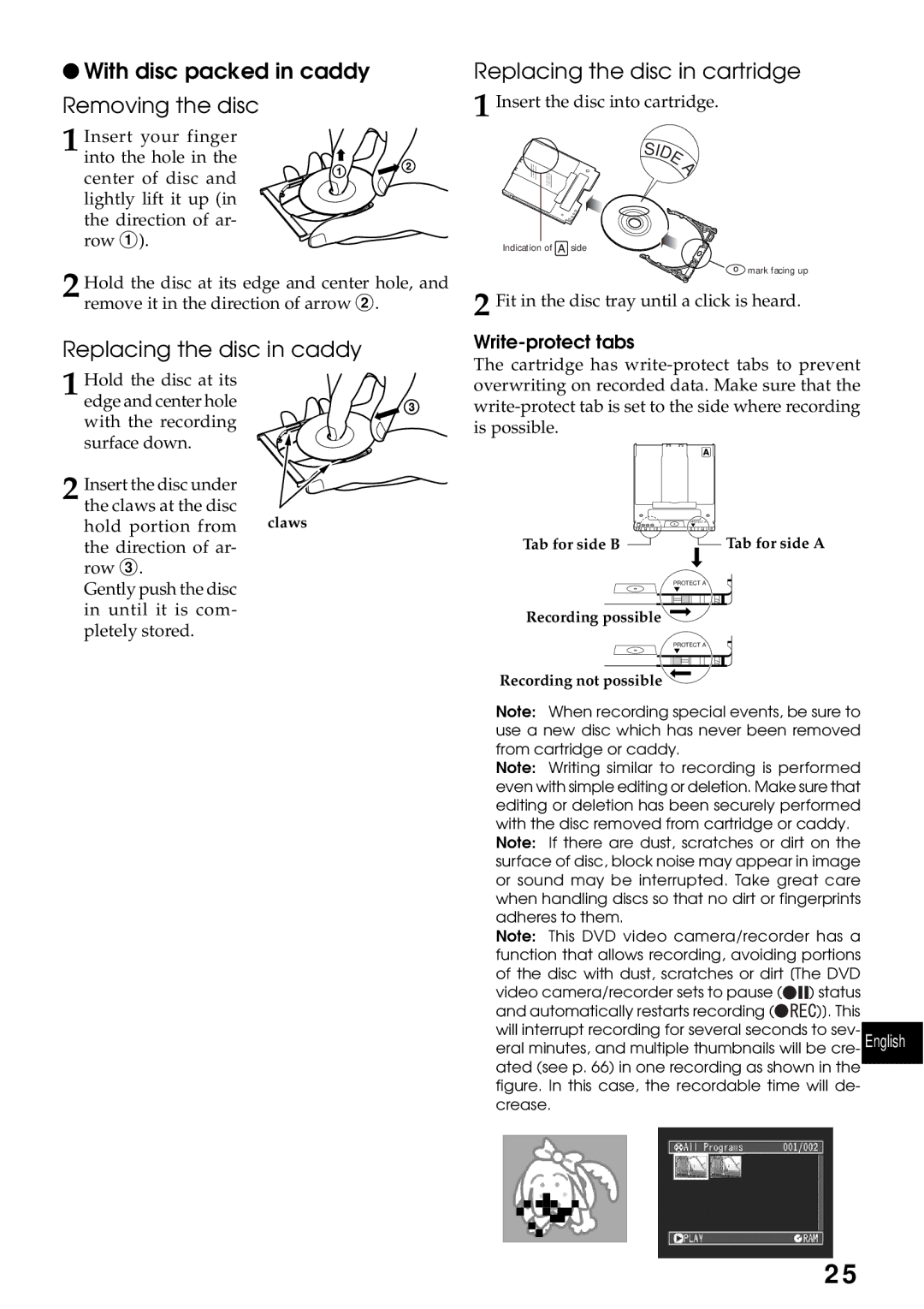 Hitachi DZMV200A With disc packed in caddy Removing the disc, Replacing the disc in cartridge, Replacing the disc in caddy 