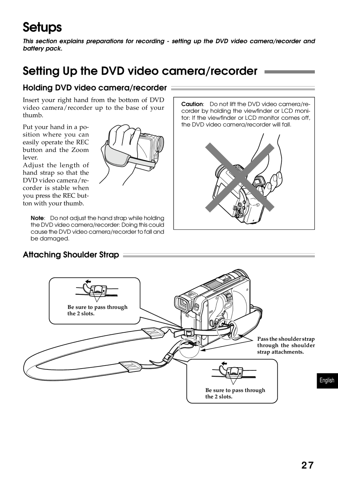 Hitachi DZMV200A Setting Up the DVD video camera/recorder, Holding DVD video camera/recorder, Attaching Shoulder Strap 