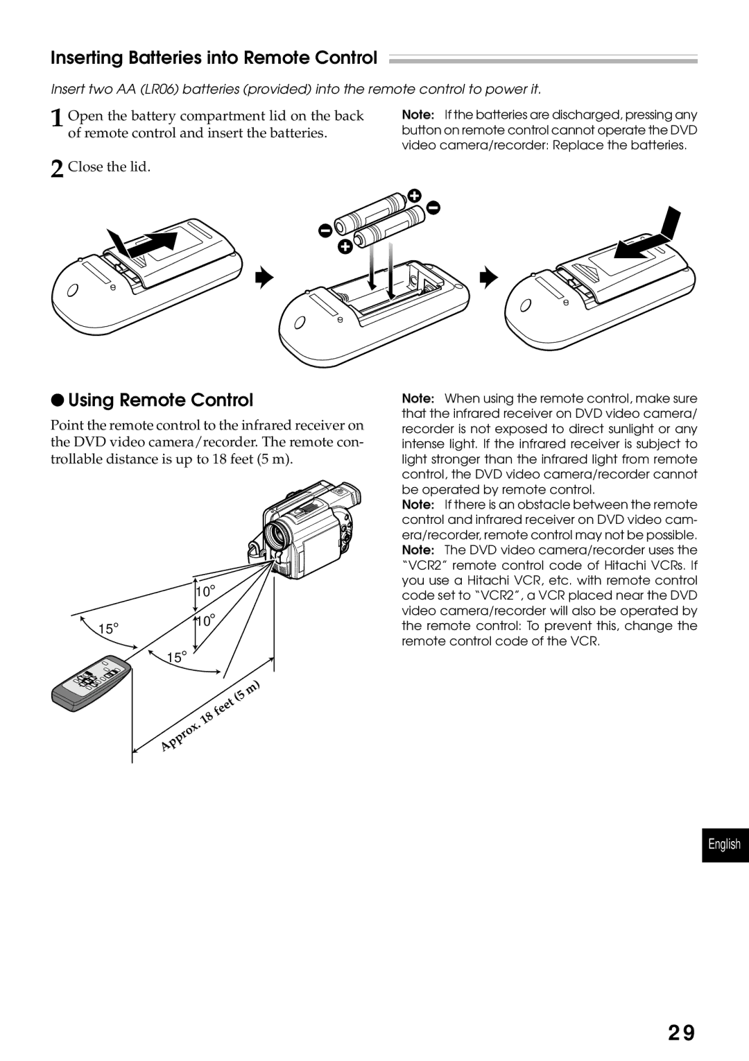 Hitachi DZMV200A, DZMV230A instruction manual Inserting Batteries into Remote Control, Using Remote Control 