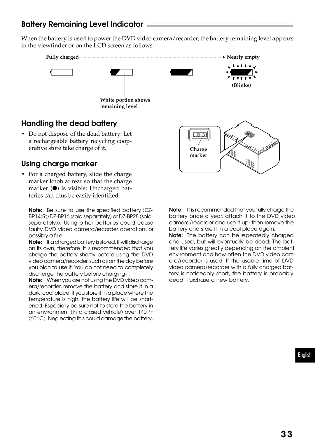 Hitachi DZMV200A, DZMV230A Battery Remaining Level Indicator, Handling the dead battery, Using charge marker 