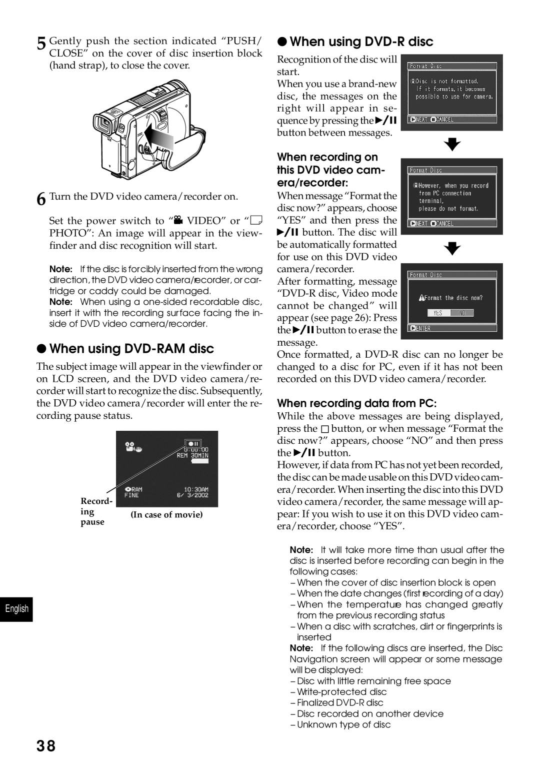 Hitachi DZMV230A When using DVD-RAM disc, When recording on this DVD video cam- era/recorder, When recording data from PC 