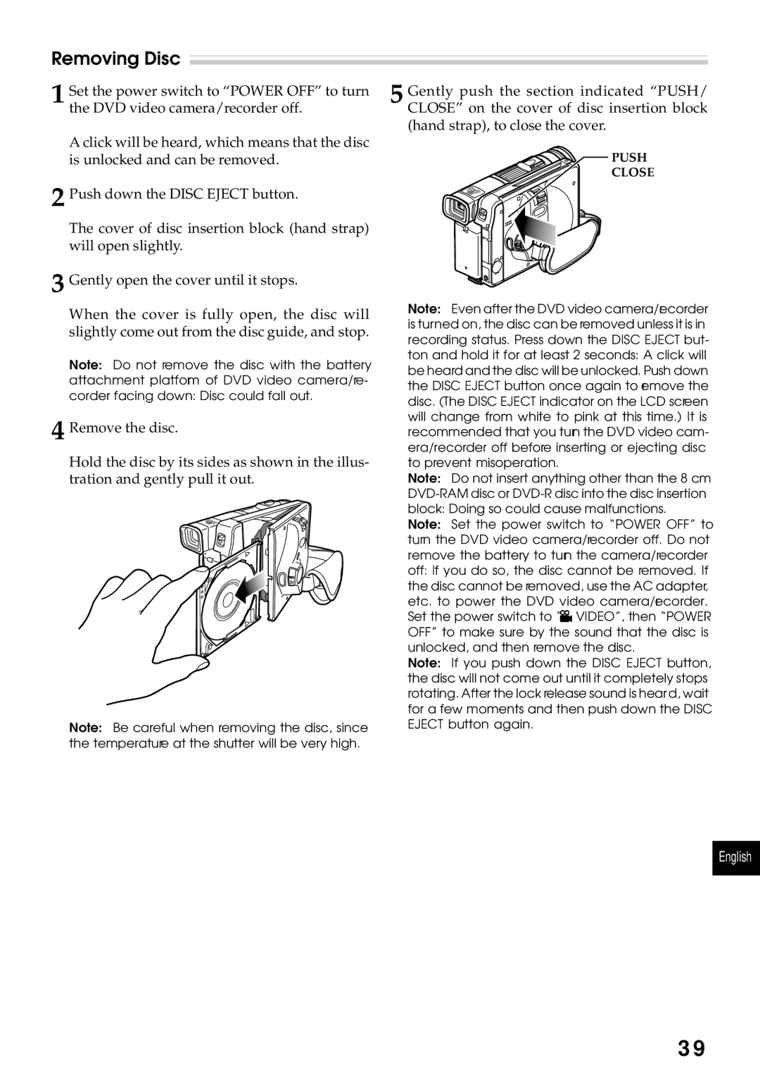 Hitachi DZMV200A, DZMV230A instruction manual Removing Disc 