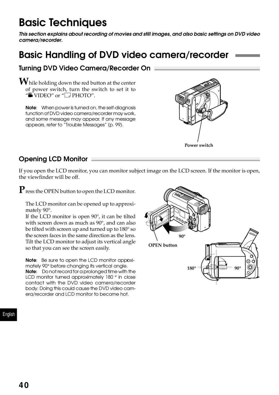 Hitachi DZMV230A Basic Handling of DVD video camera/recorder, Turning DVD Video Camera/Recorder On, Opening LCD Monitor 