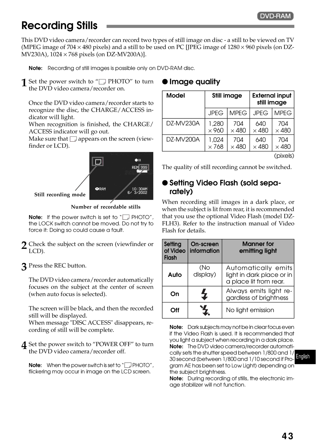 Hitachi DZMV200A, DZMV230A instruction manual Recording Stills, Image quality, Setting Video Flash sold sepa- rately 