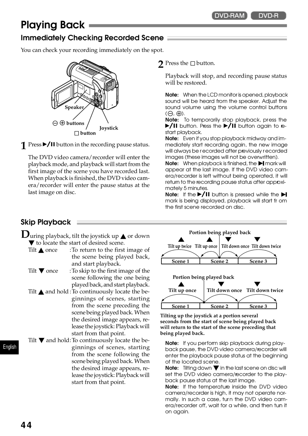 Hitachi DZMV230A, DZMV200A instruction manual Playing Back, Immediately Checking Recorded Scene, Skip Playback 