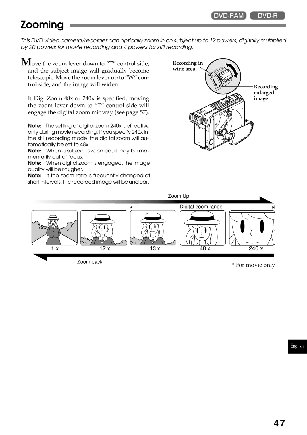 Hitachi DZMV200A, DZMV230A instruction manual Zooming 