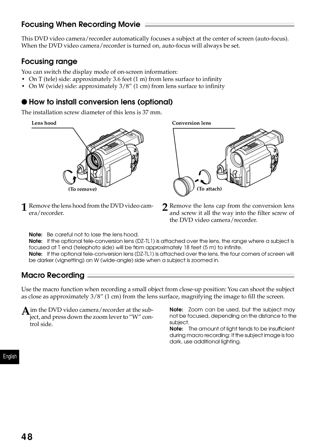 Hitachi DZMV230A Focusing When Recording Movie, Focusing range, How to install conversion lens optional, Macro Recording 