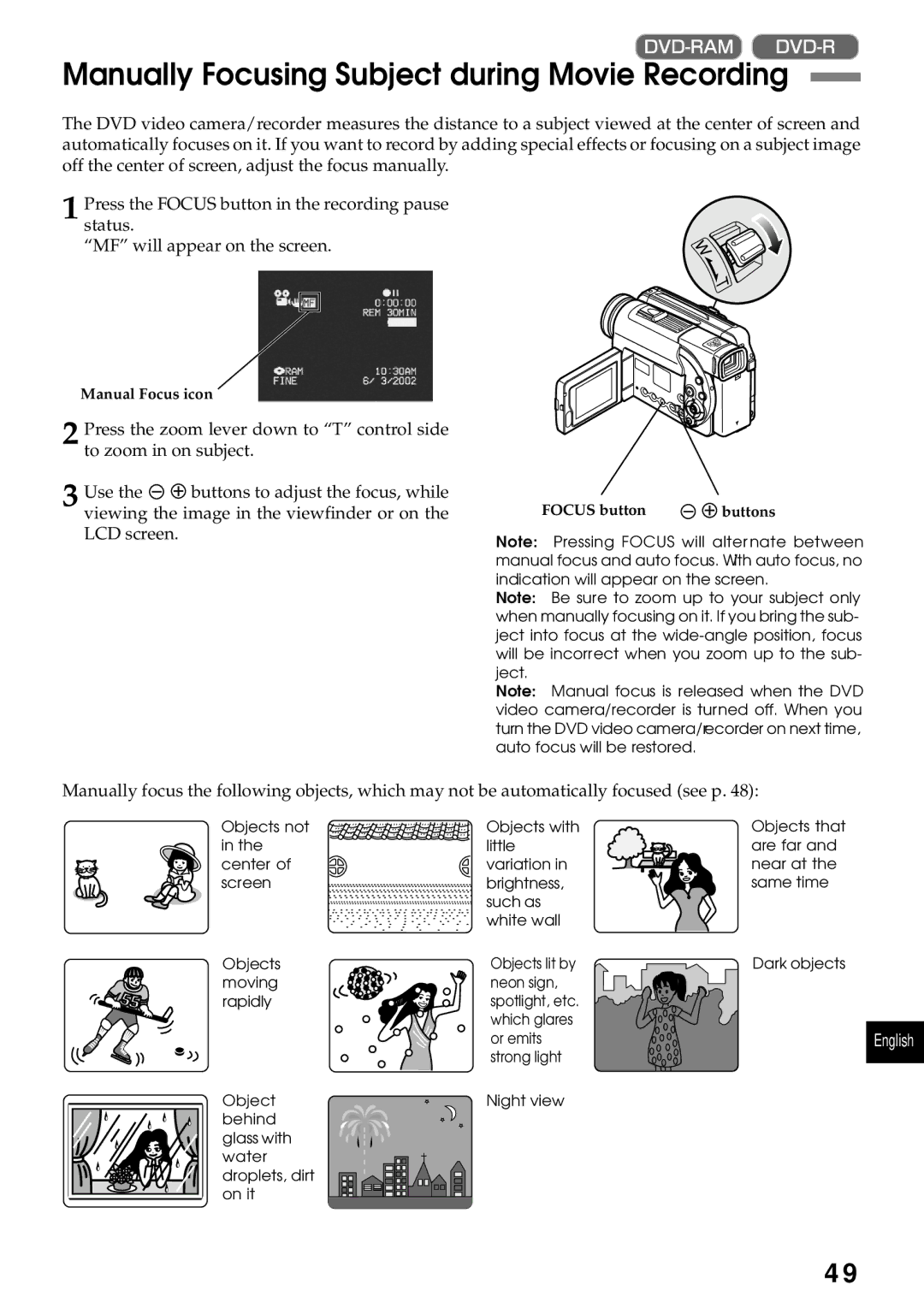 Hitachi DZMV200A, DZMV230A instruction manual Manually Focusing Subject during Movie Recording 