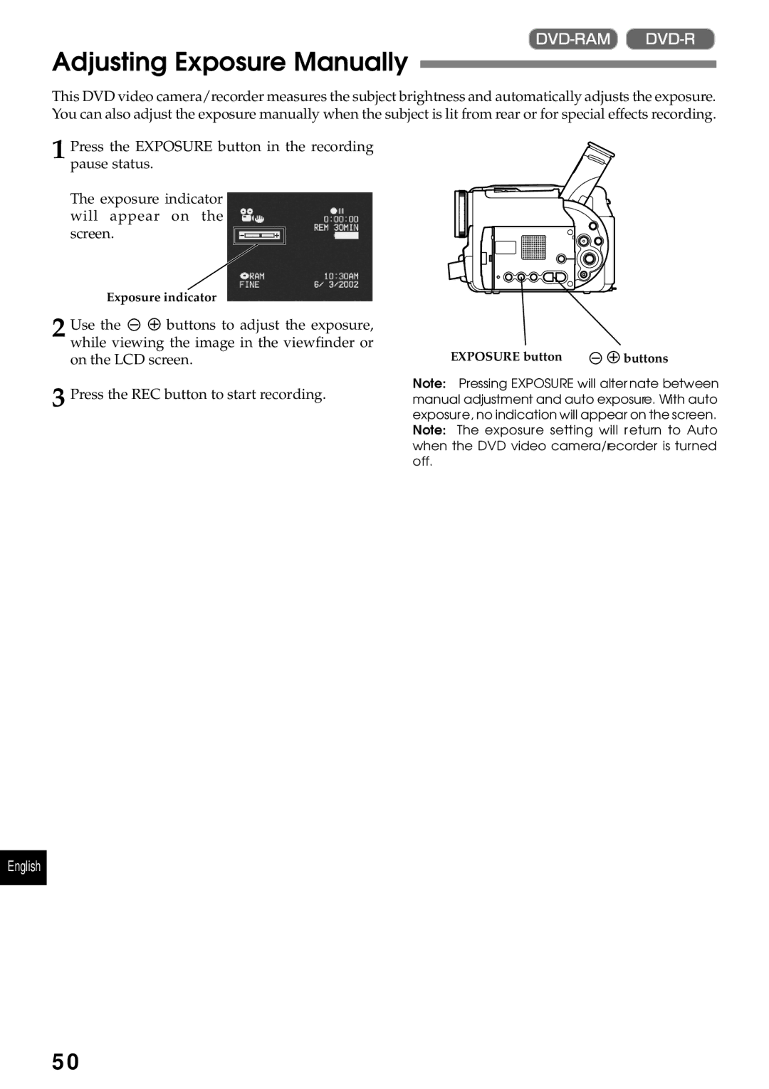 Hitachi DZMV230A, DZMV200A instruction manual Adjusting Exposure Manually 