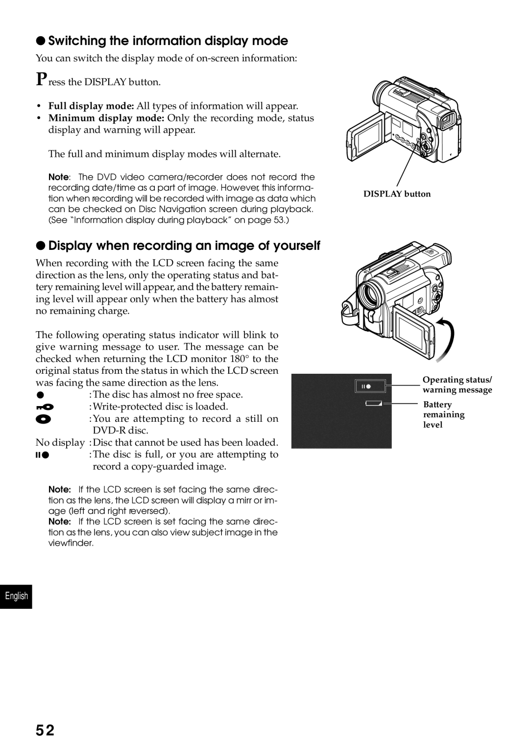 Hitachi DZMV230A, DZMV200A Switching the information display mode, Display when recording an image of yourself 