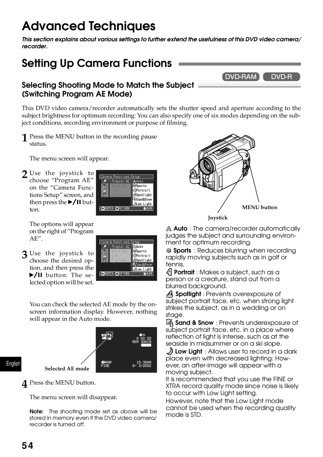 Hitachi DZMV230A, DZMV200A instruction manual Advanced Techniques, Setting Up Camera Functions 