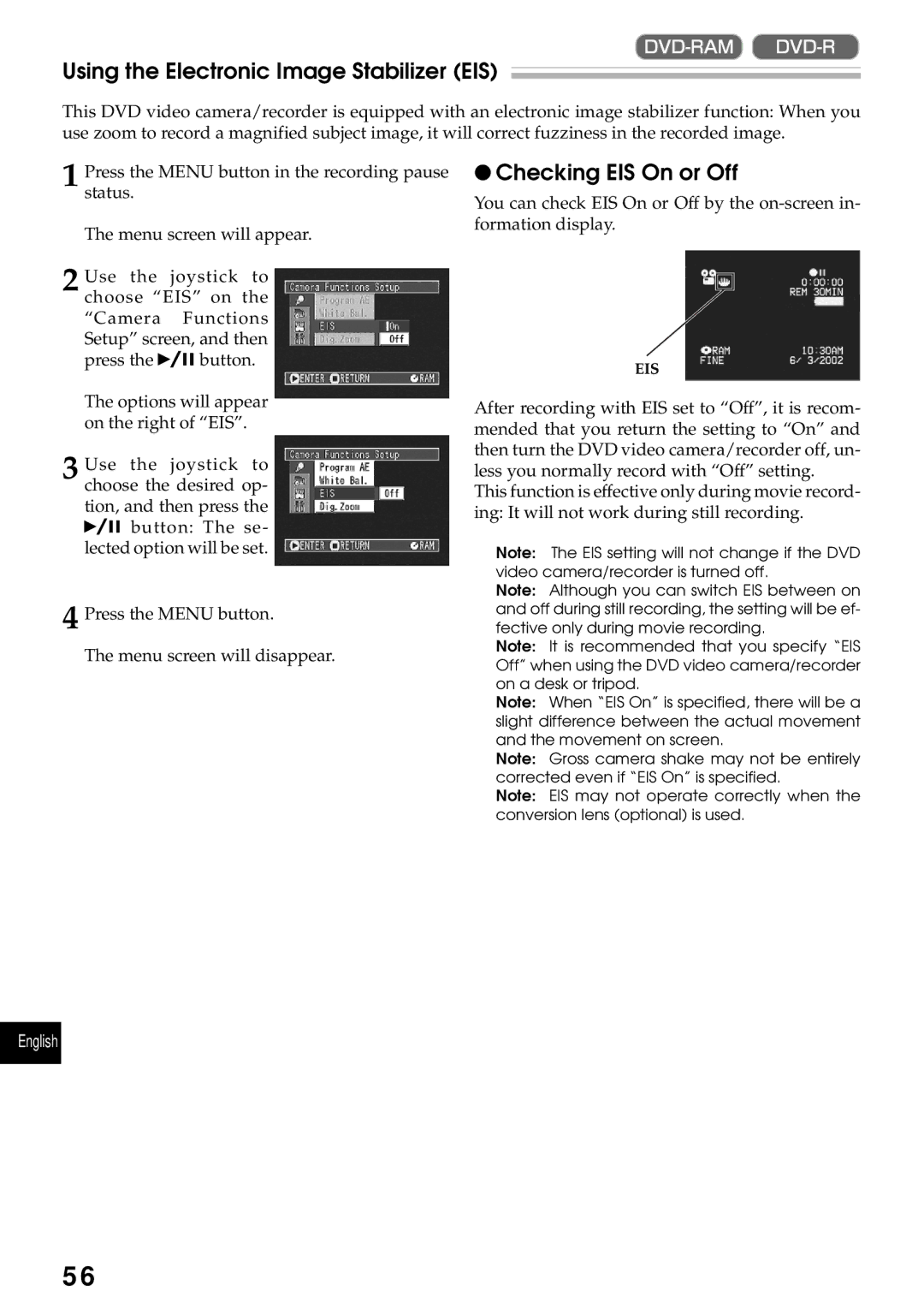 Hitachi DZMV230A, DZMV200A instruction manual Using the Electronic Image Stabilizer EIS, Checking EIS On or Off 