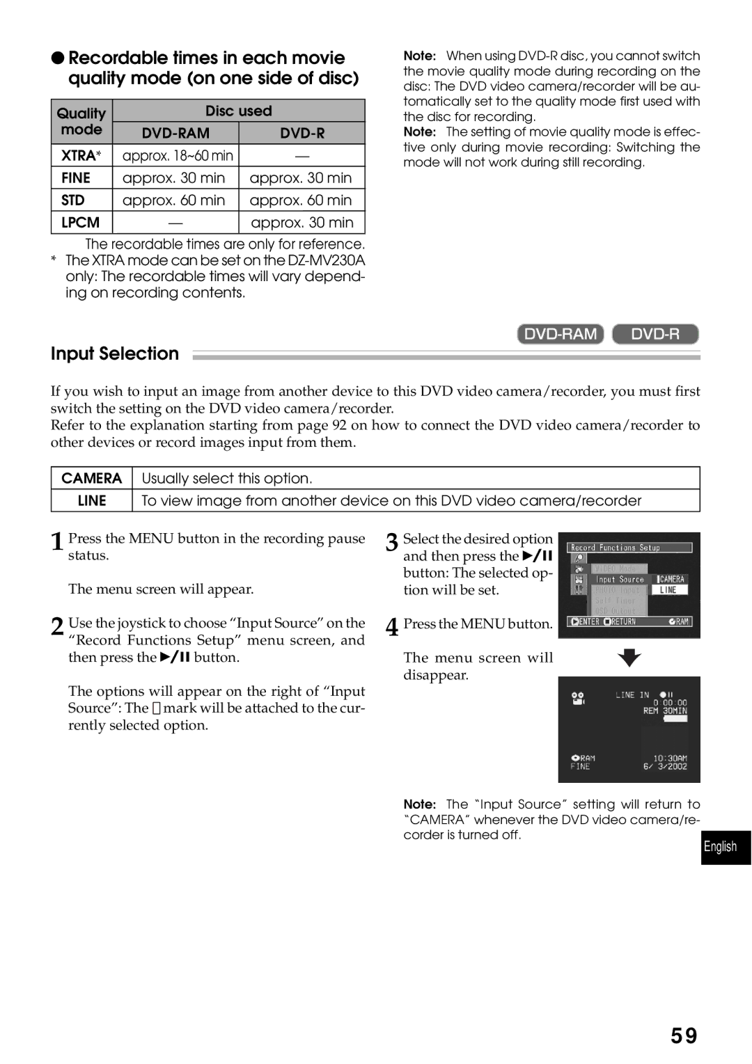 Hitachi DZMV200A, DZMV230A Input Selection, Quality Disc used Mode, Approx min, Usually select this option 