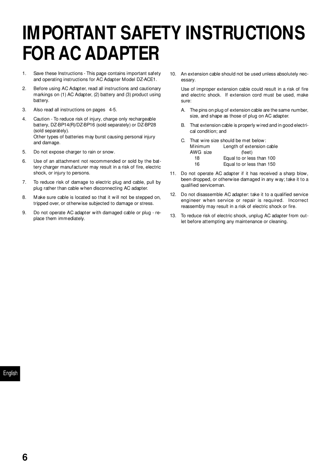 Hitachi DZMV230A, DZMV200A instruction manual Important Safety Instructions for AC Adapter 