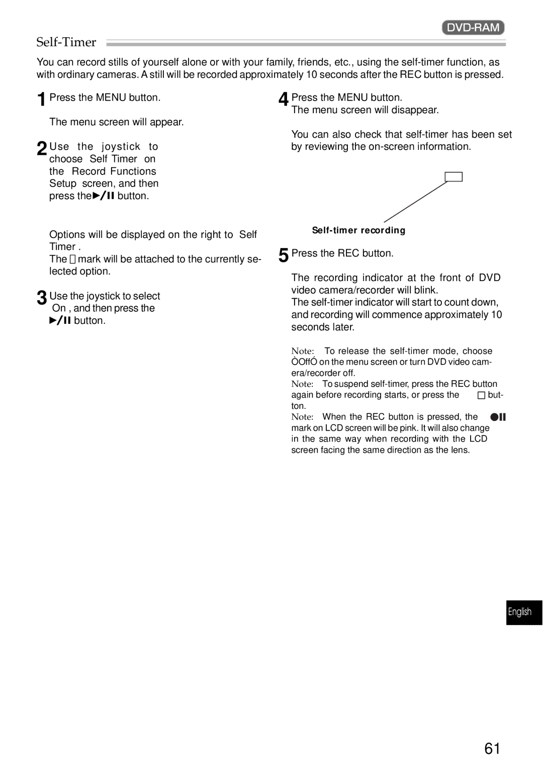 Hitachi DZMV200A, DZMV230A instruction manual Self-Timer 