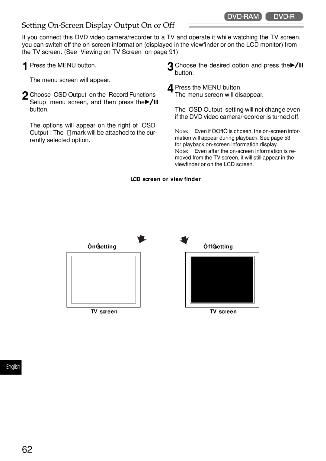 Hitachi DZMV230A, DZMV200A instruction manual Setting On-Screen Display Output On or Off 