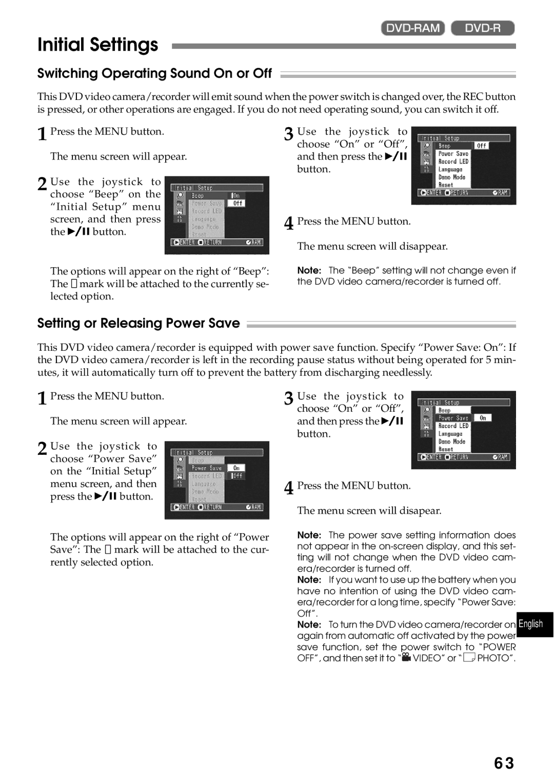 Hitachi DZMV200A, DZMV230A Initial Settings, Switching Operating Sound On or Off, Setting or Releasing Power Save 