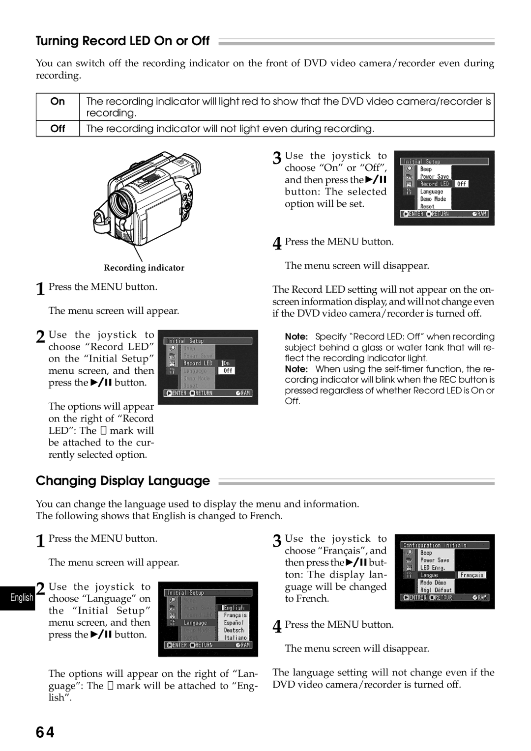 Hitachi DZMV230A, DZMV200A instruction manual Turning Record LED On or Off, Changing Display Language, Recording 