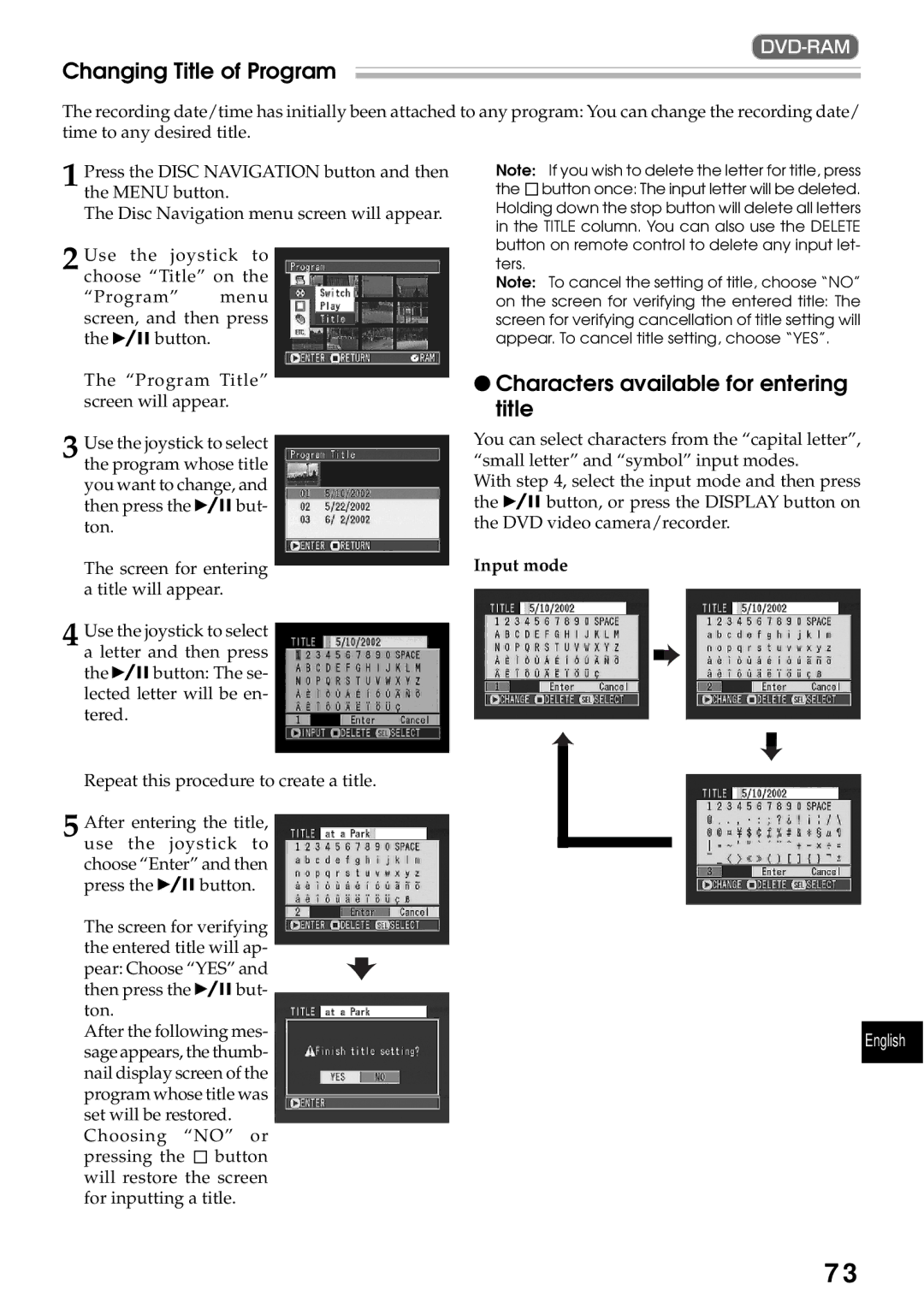 Hitachi DZMV200A, DZMV230A instruction manual Changing Title of Program, Characters available for entering title 