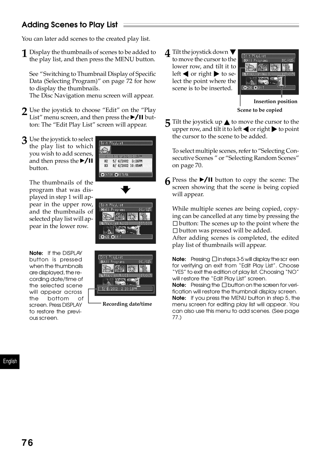 Hitachi DZMV230A, DZMV200A instruction manual Adding Scenes to Play List 