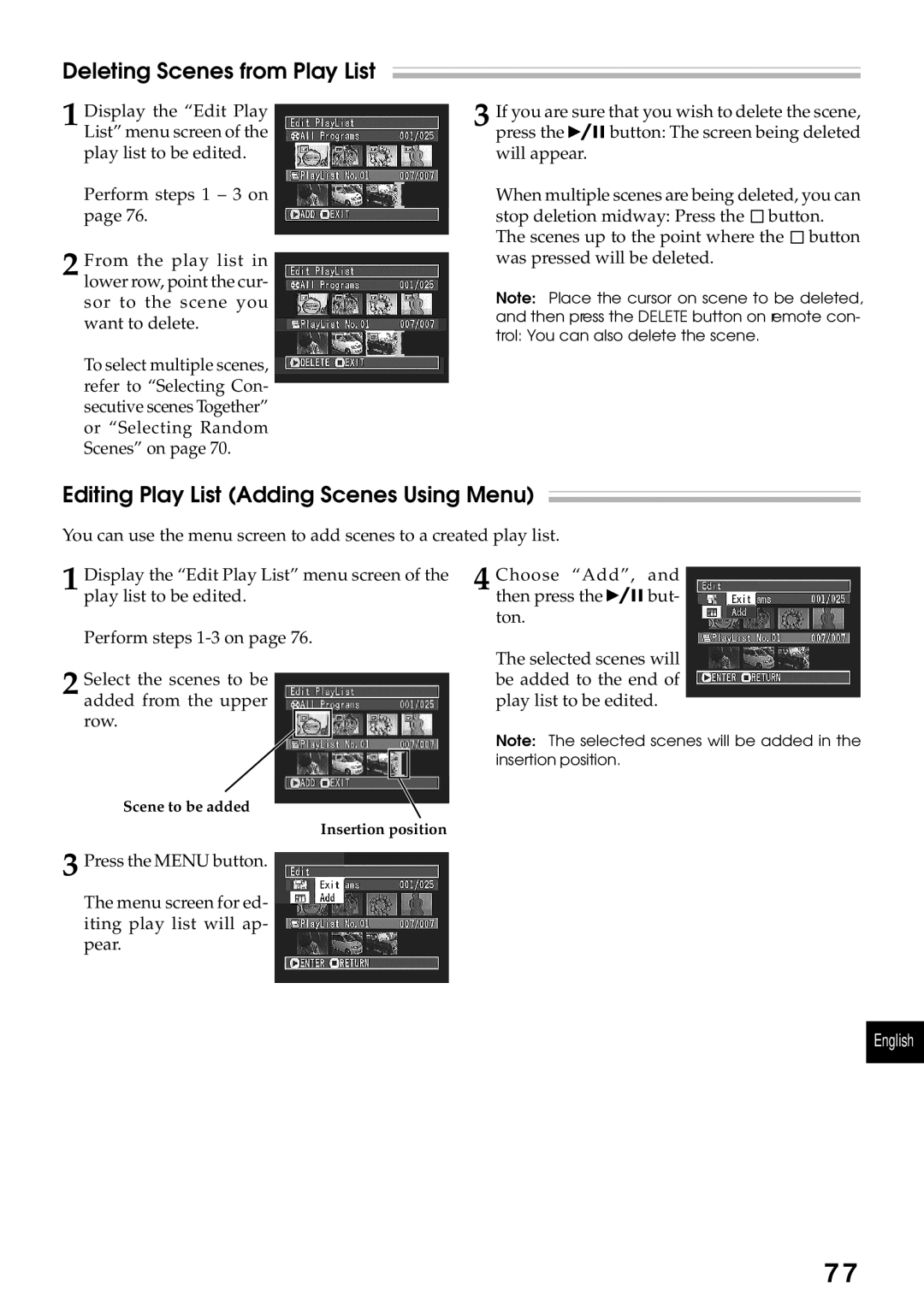 Hitachi DZMV200A, DZMV230A instruction manual Deleting Scenes from Play List, Editing Play List Adding Scenes Using Menu 