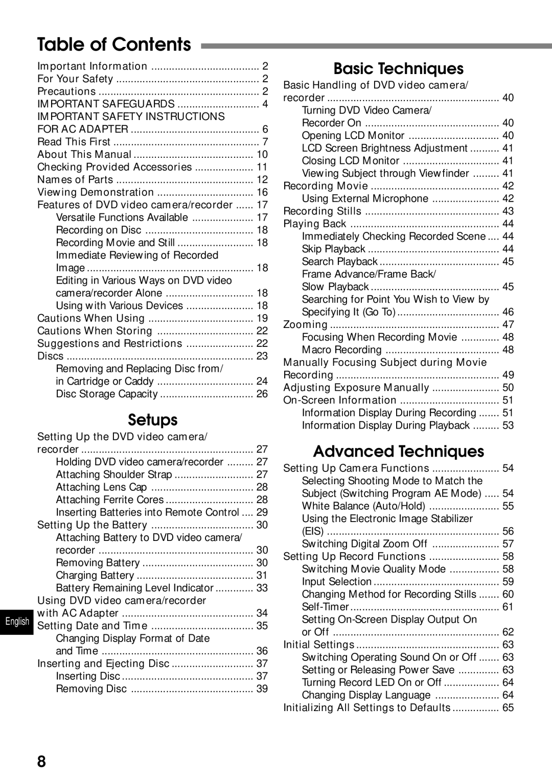 Hitachi DZMV230A, DZMV200A instruction manual Table of Contents 