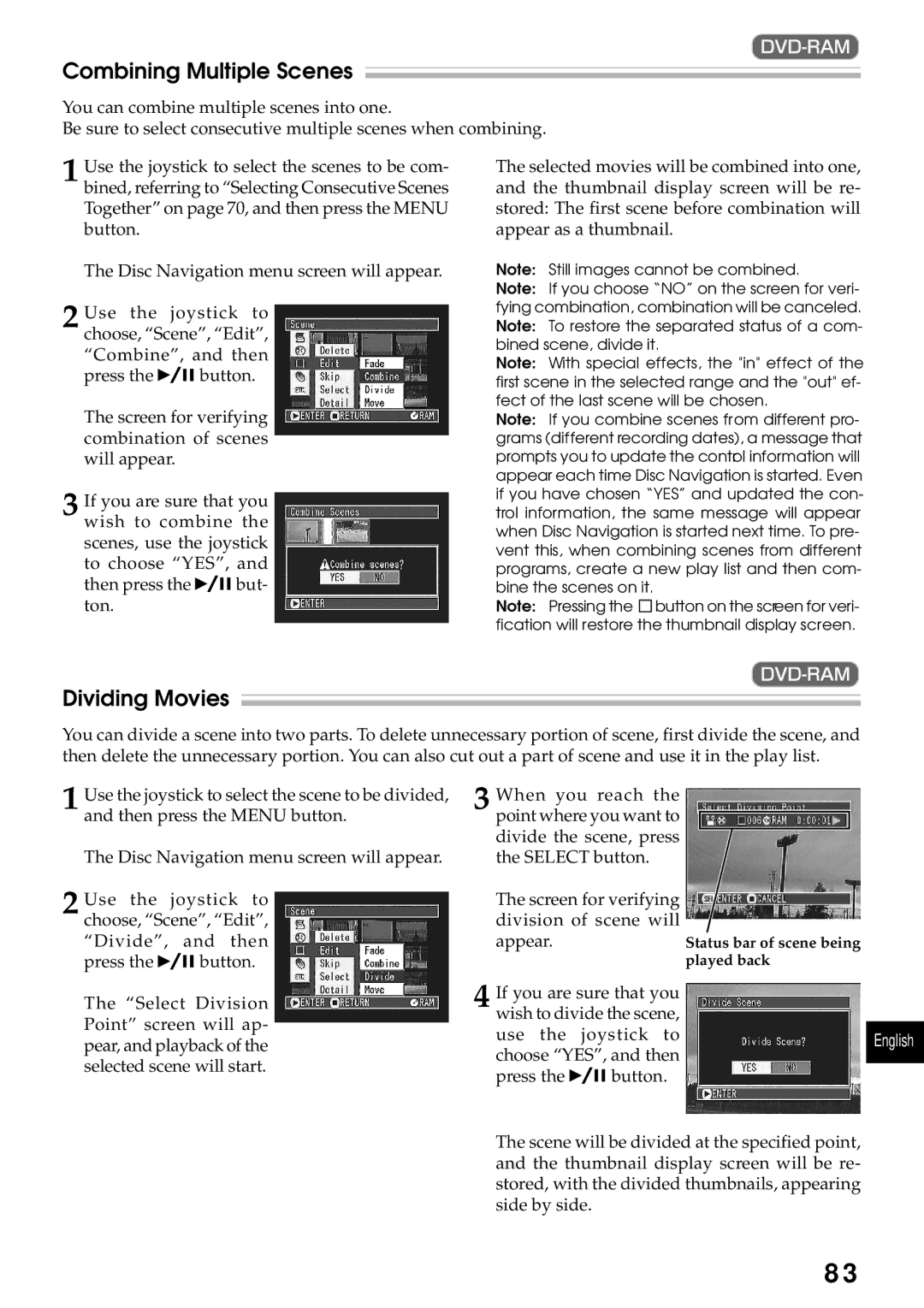 Hitachi DZMV200A, DZMV230A instruction manual Combining Multiple Scenes, Dividing Movies 