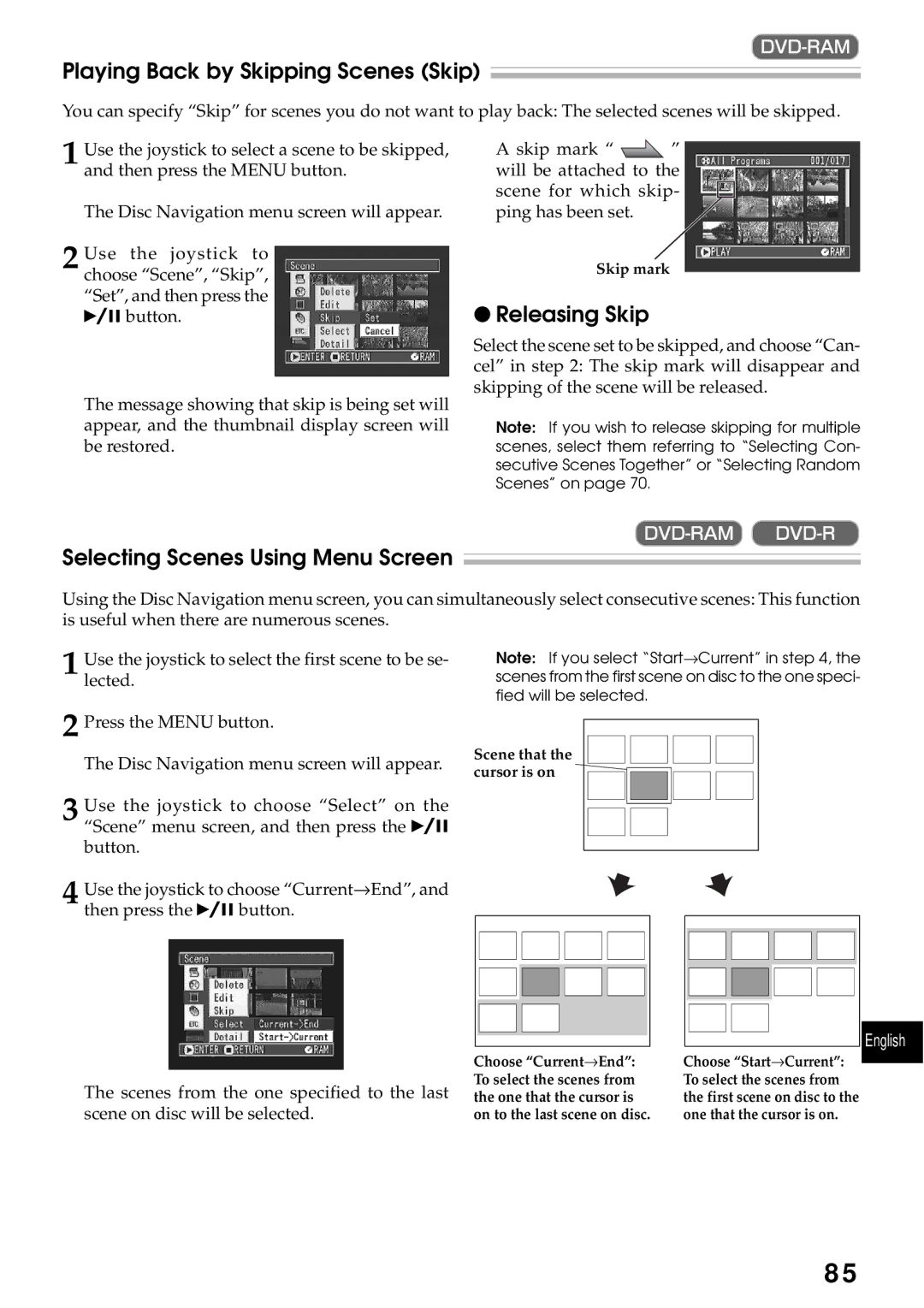 Hitachi DZMV200A, DZMV230A Playing Back by Skipping Scenes Skip, Releasing Skip, Selecting Scenes Using Menu Screen 