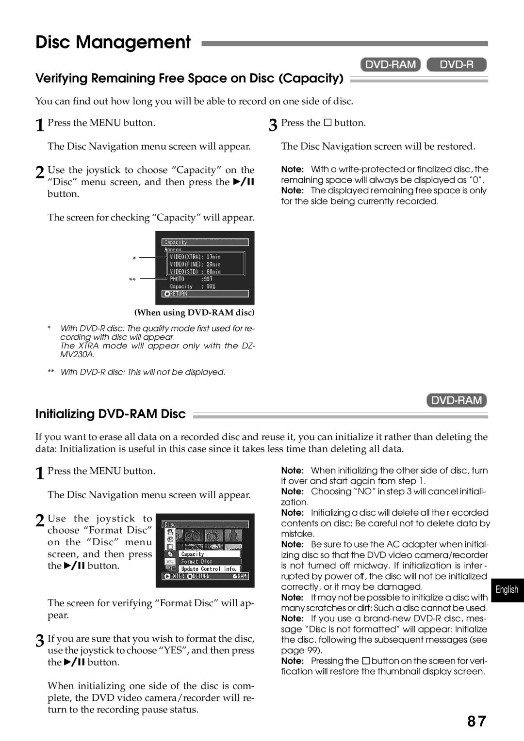 Hitachi DZMV200A, DZMV230A Disc Management, Verifying Remaining Free Space on Disc Capacity, Initializing DVD-RAM Disc 