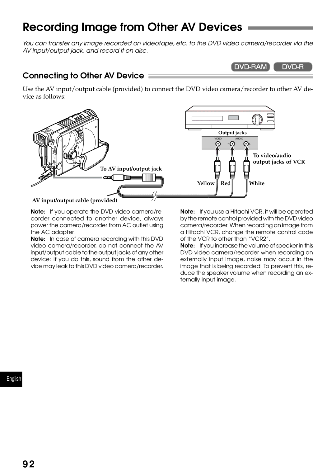 Hitachi DZMV230A, DZMV200A instruction manual Recording Image from Other AV Devices, Connecting to Other AV Device 