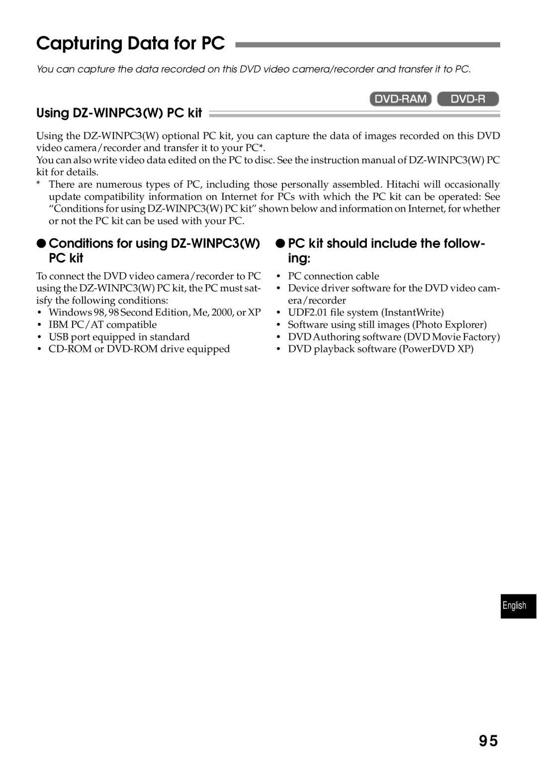 Hitachi DZMV200A, DZMV230A Capturing Data for PC, Using DZ-WINPC3W PC kit, Conditions for using DZ-WINPC3W PC kit 