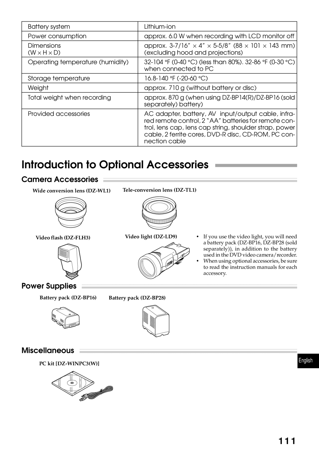 Hitachi DZMV270A instruction manual Introduction to Optional Accessories, Camera Accessories 