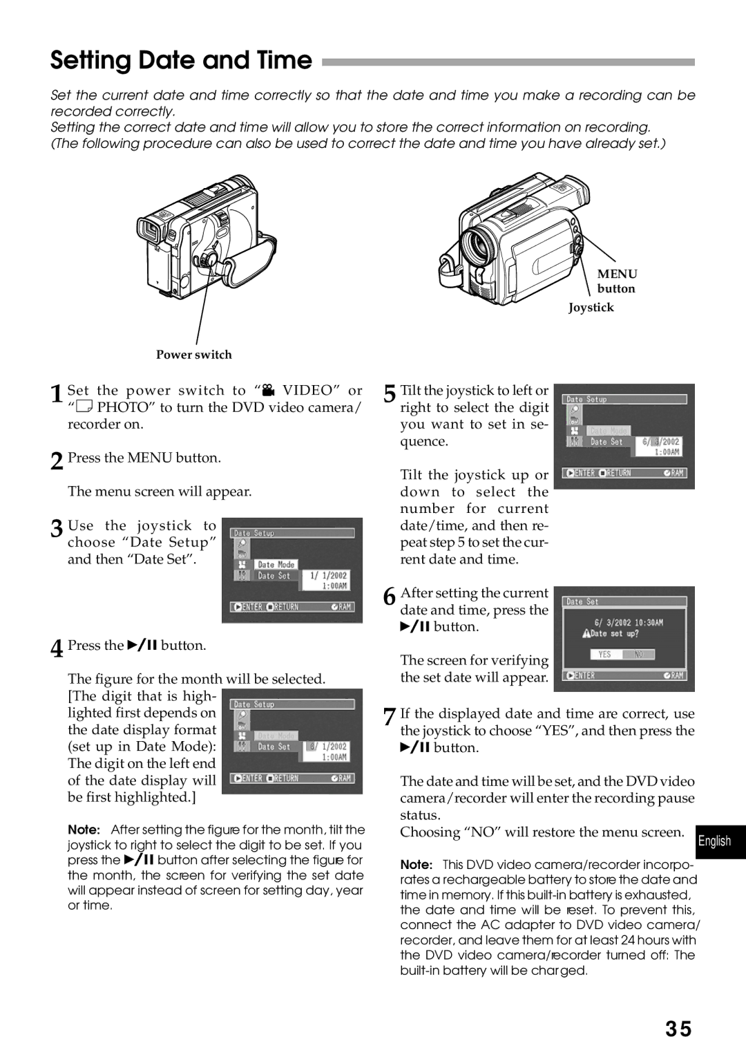 Hitachi DZMV270A instruction manual Setting Date and Time 