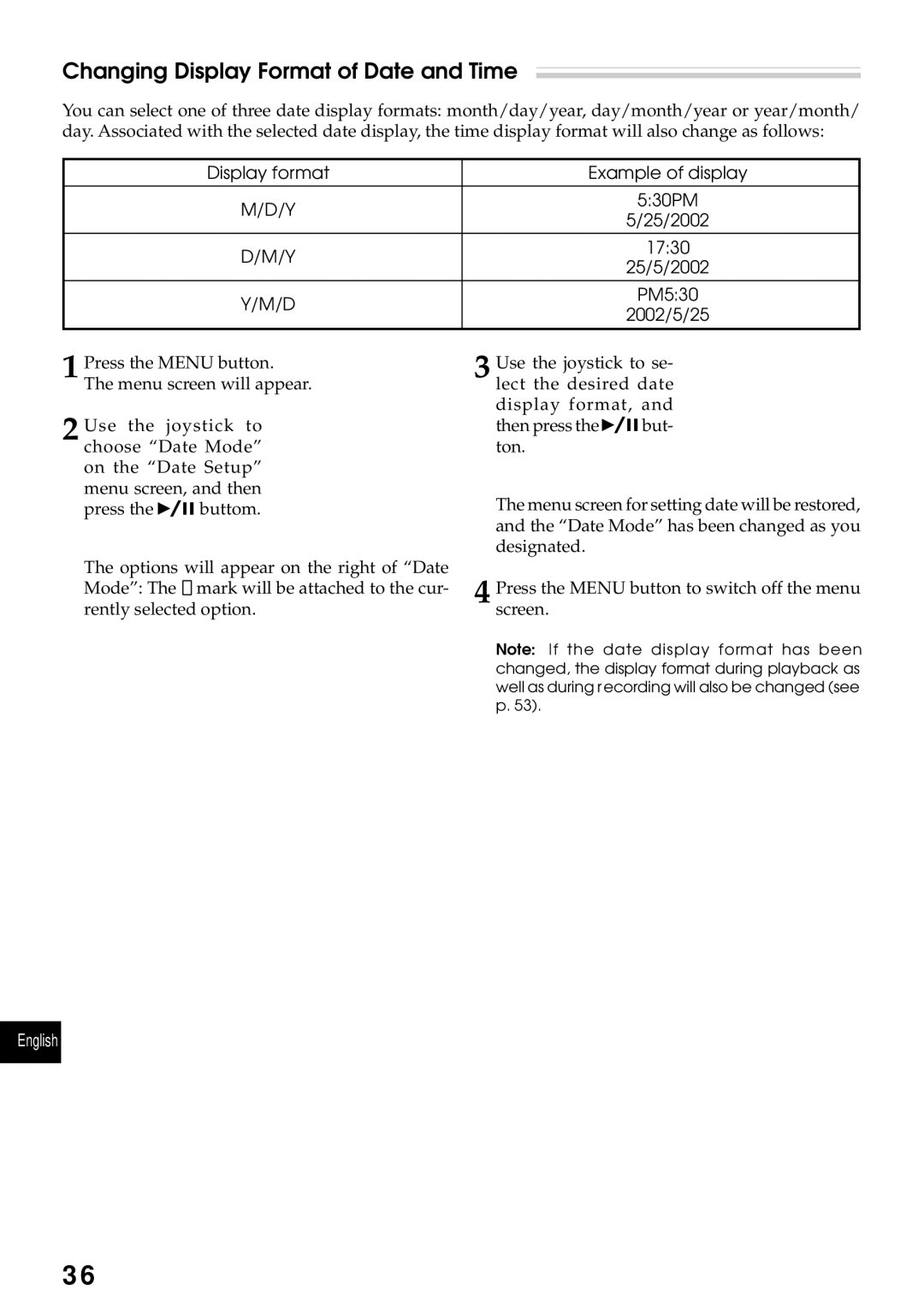 Hitachi DZMV270A instruction manual Changing Display Format of Date and Time 