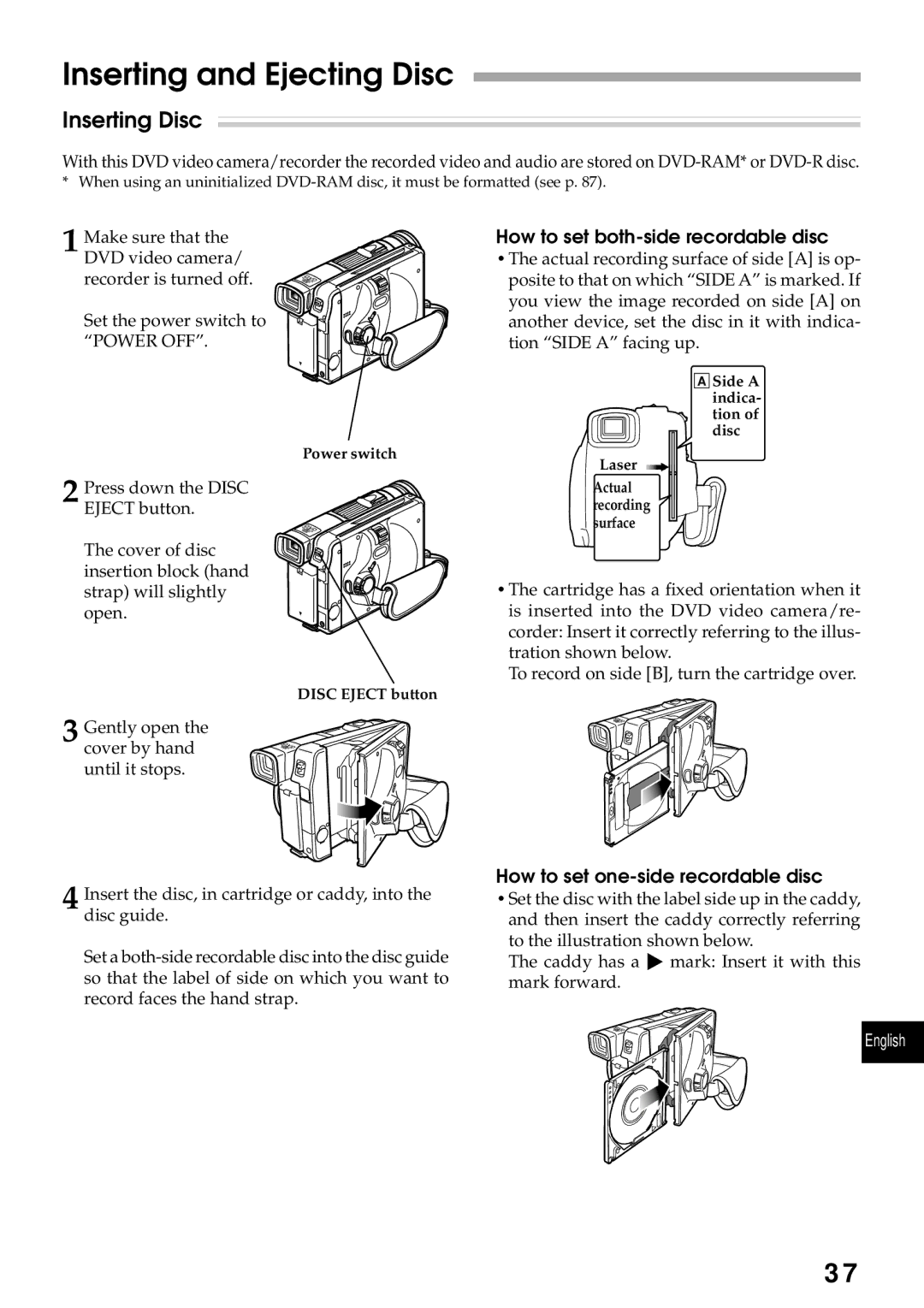 Hitachi DZMV270A instruction manual Inserting and Ejecting Disc, Inserting Disc, How to set both-side recordable disc 