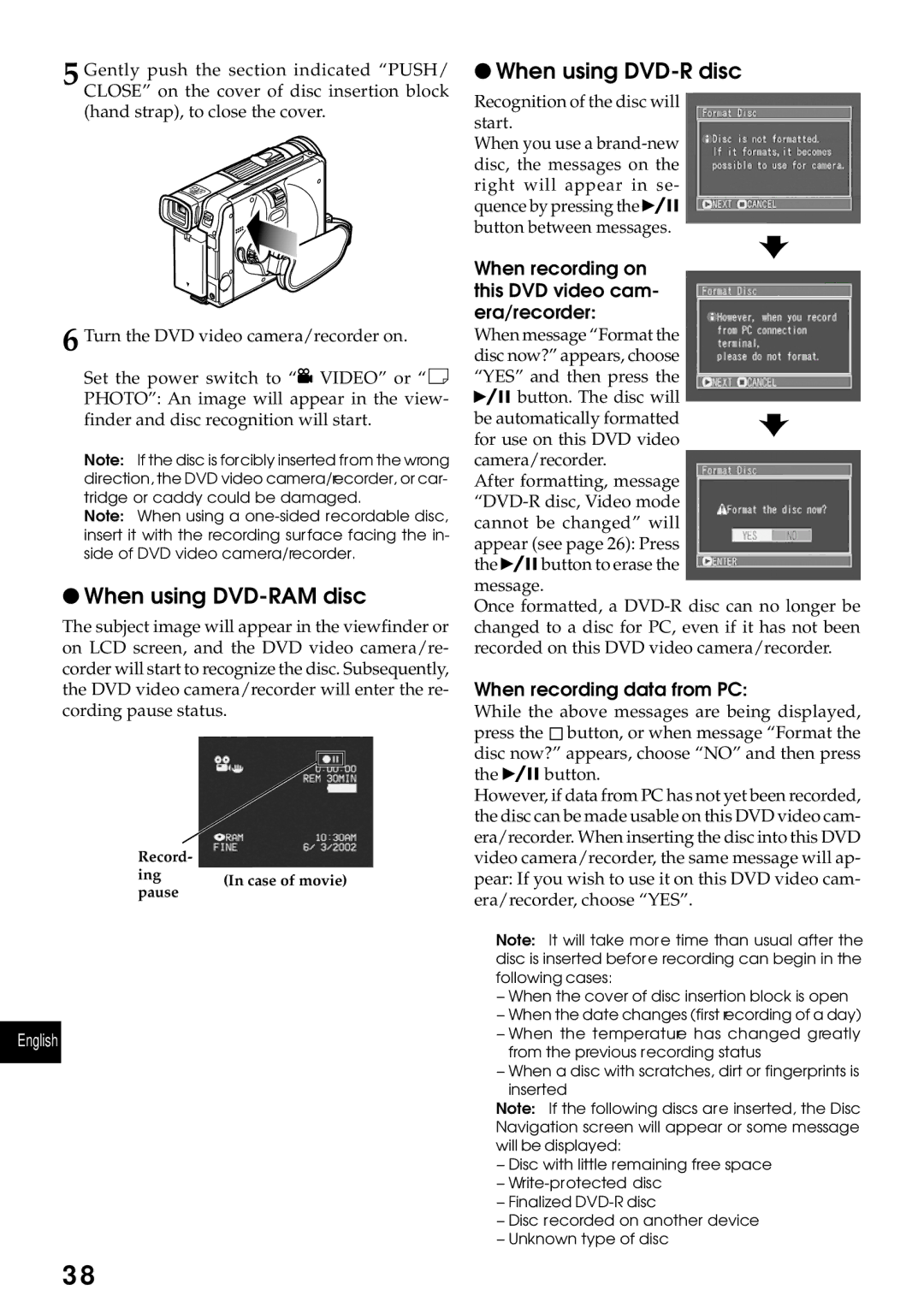 Hitachi DZMV270A When using DVD-RAM disc, When recording on this DVD video cam- era/recorder, When recording data from PC 