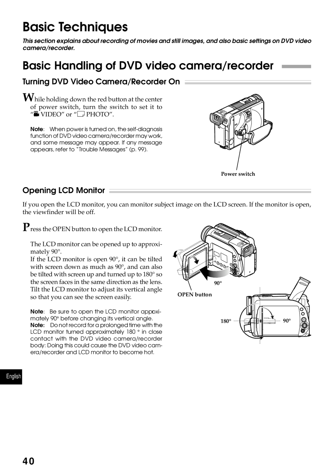 Hitachi DZMV270A Basic Handling of DVD video camera/recorder, Turning DVD Video Camera/Recorder On, Opening LCD Monitor 