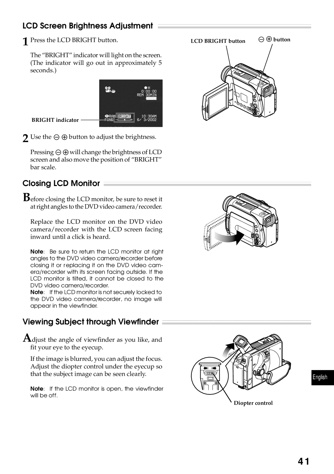 Hitachi DZMV270A LCD Screen Brightness Adjustment, Closing LCD Monitor, Viewing Subject through Viewfinder 