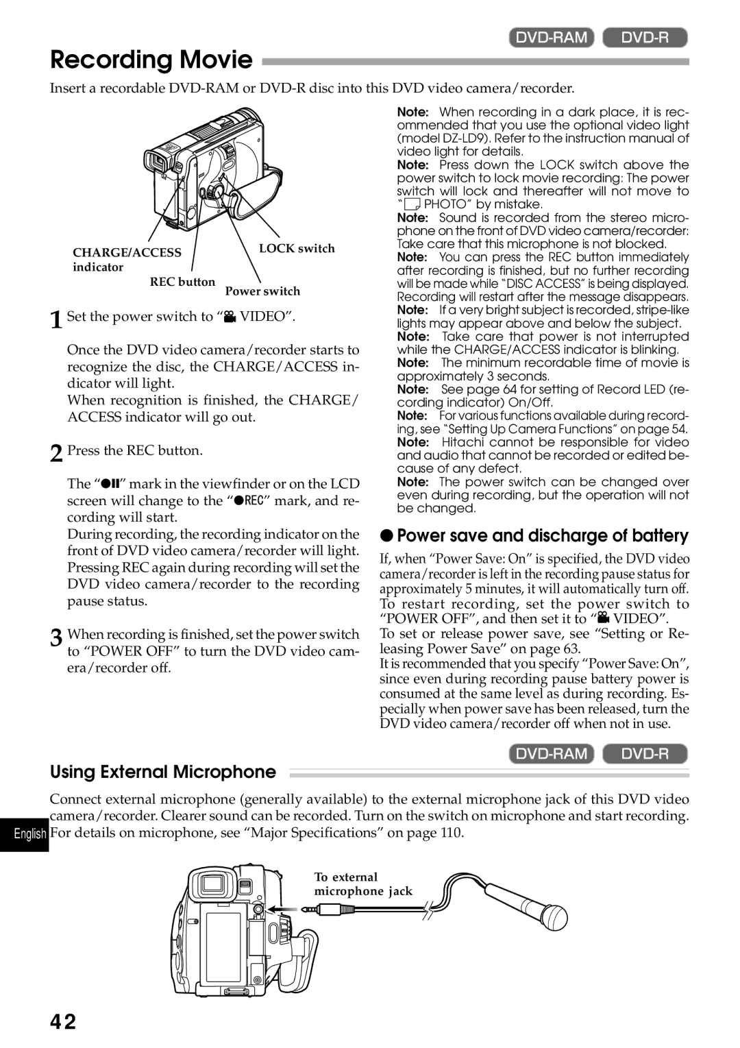 Hitachi DZMV270A instruction manual Recording Movie, Power save and discharge of battery, Using External Microphone 