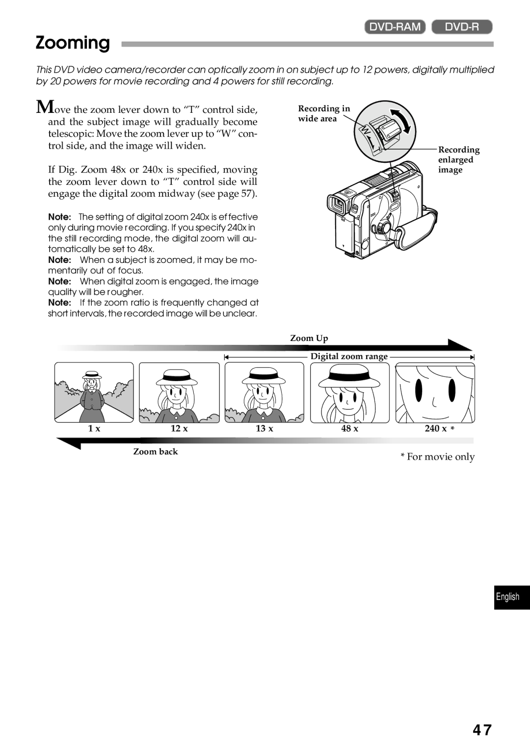 Hitachi DZMV270A instruction manual Zooming 