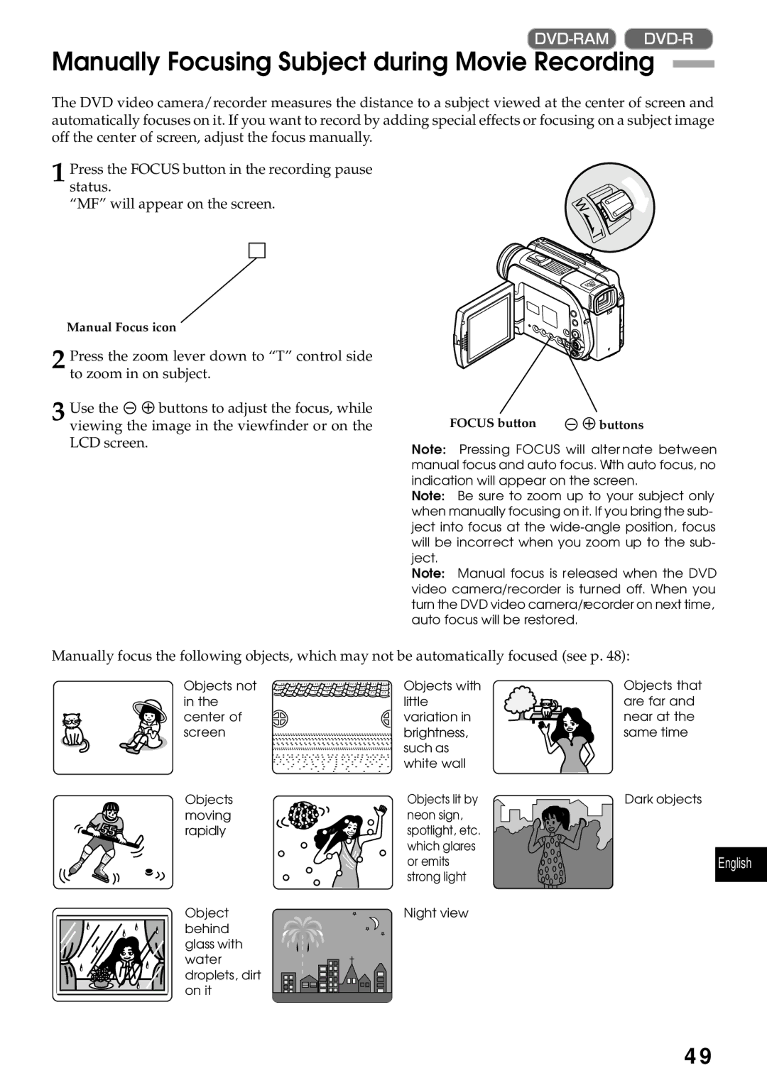 Hitachi DZMV270A instruction manual Manually Focusing Subject during Movie Recording 