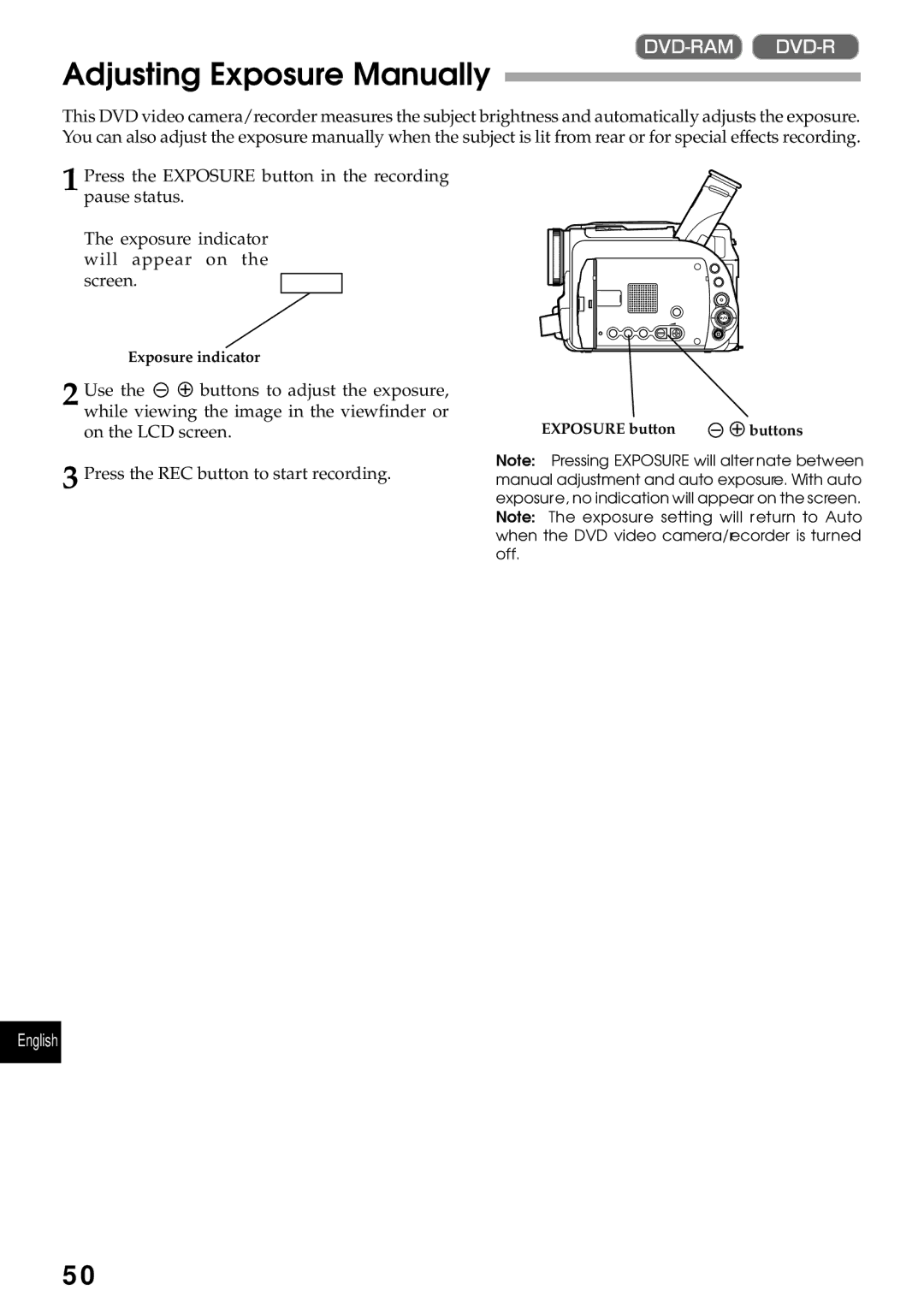 Hitachi DZMV270A instruction manual Adjusting Exposure Manually 