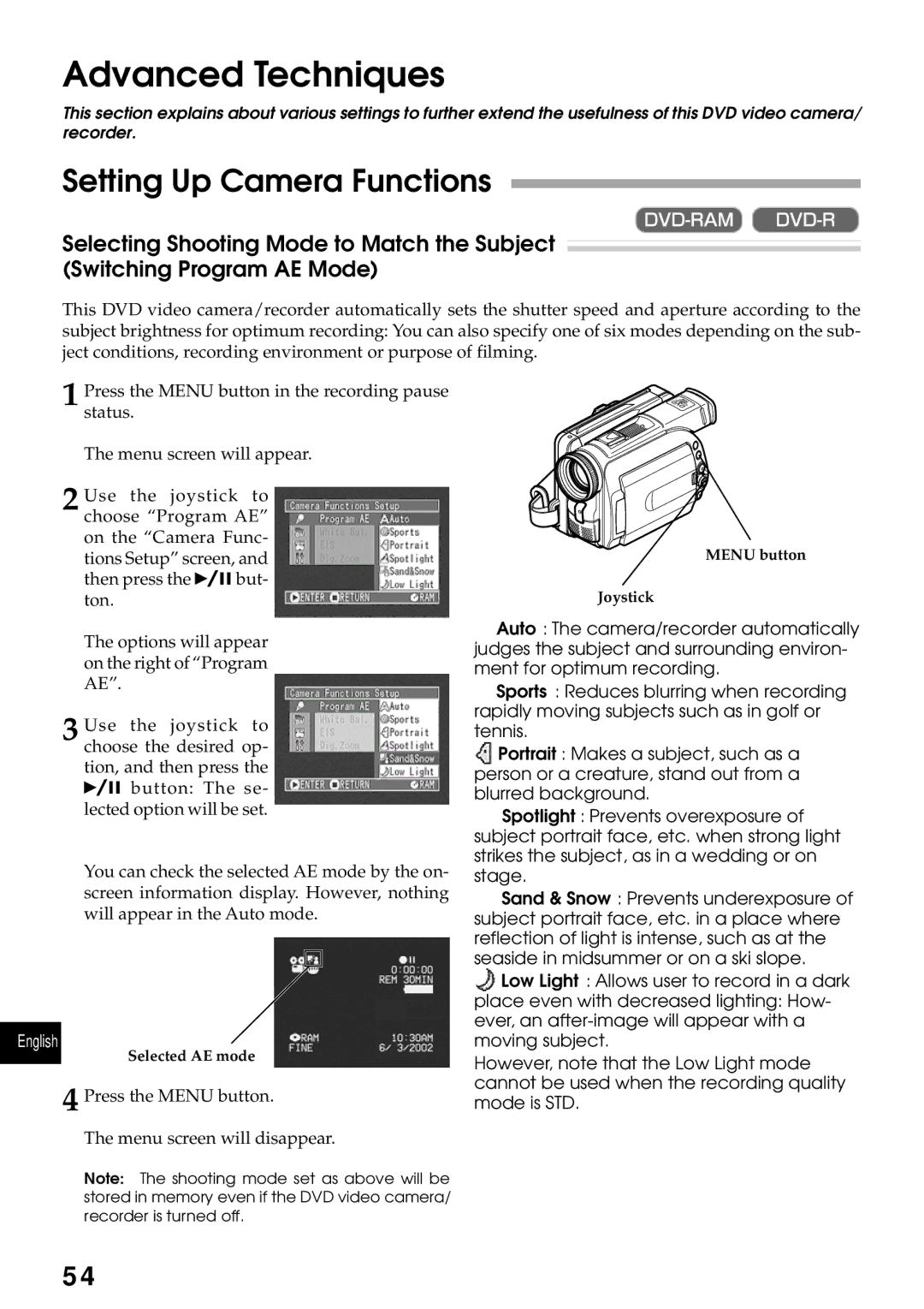 Hitachi DZMV270A instruction manual Setting Up Camera Functions 