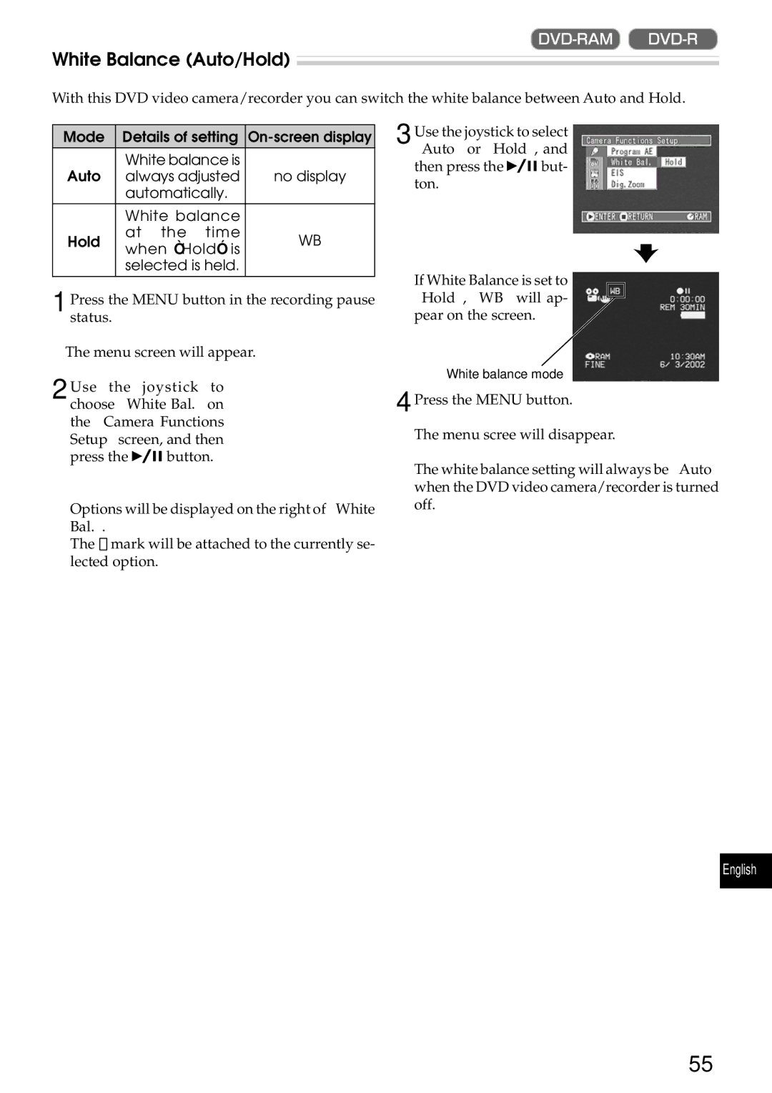 Hitachi DZMV270A instruction manual White Balance Auto/Hold 