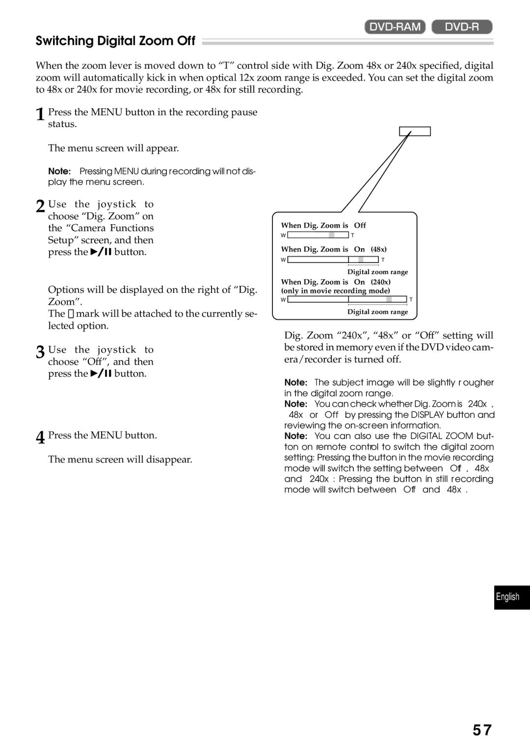 Hitachi DZMV270A instruction manual Switching Digital Zoom Off 